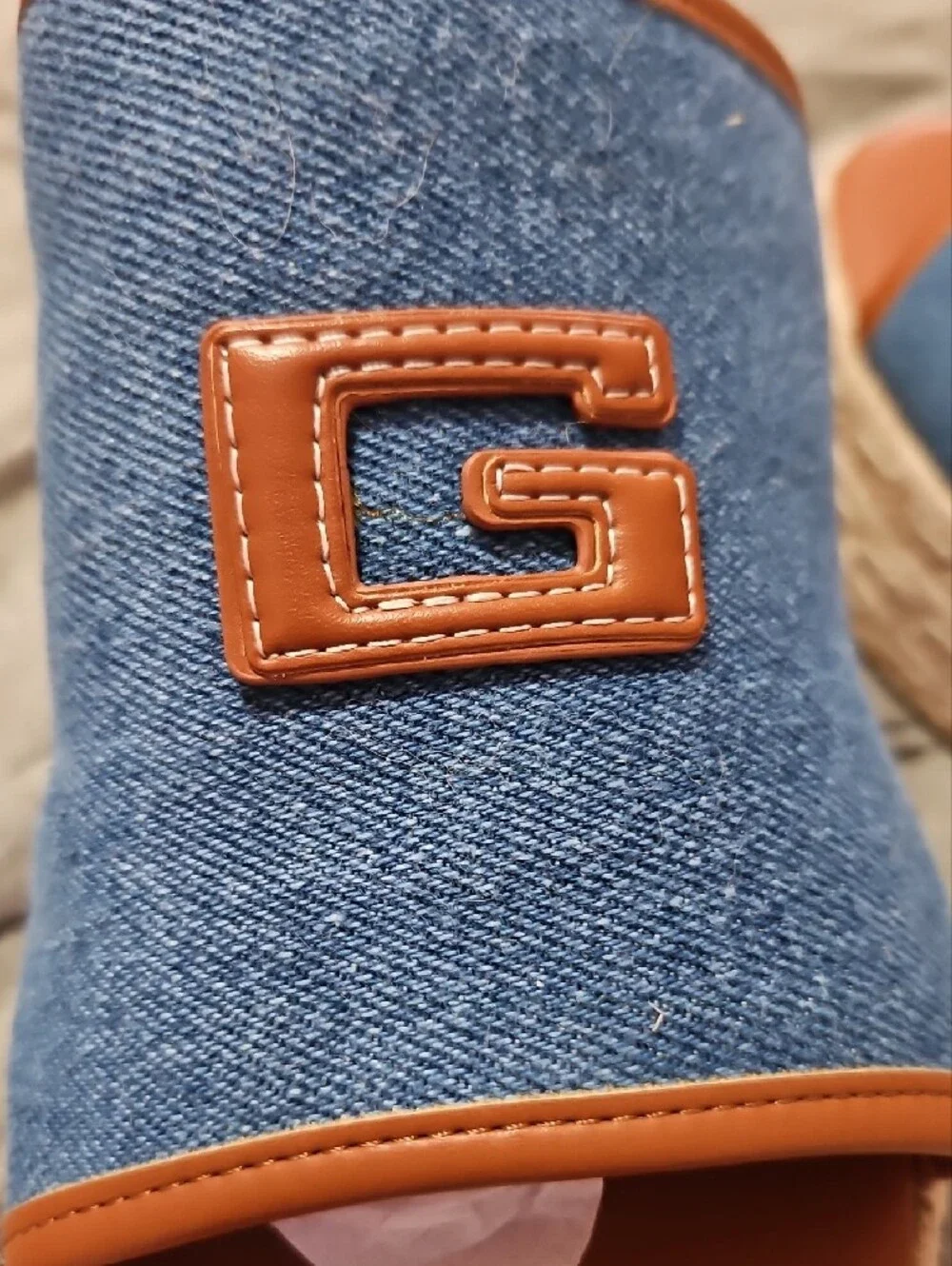 Guess Blue Denim and Tan Platform Espadrille Slide Sandals
